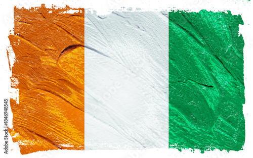 Textured Cote d'Ivoire flag with orange, white, and green stripes painted with thick brushstrokes and a distressed black border giving it an artistic feel.