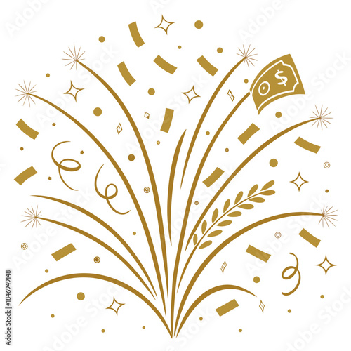 Golden confetti explosion with dollar bill and stars