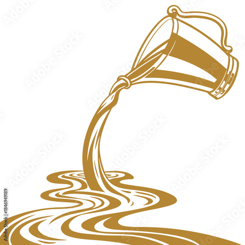 Golden liquid pouring from jug on white background