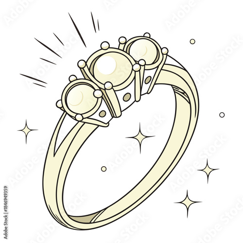 Gold ring with pearl studs on white background with sparkles