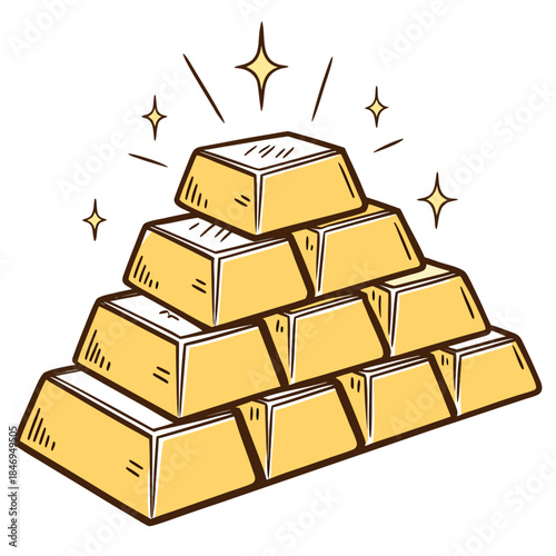Gold bars stacked in pyramid shape with sparkles wealth