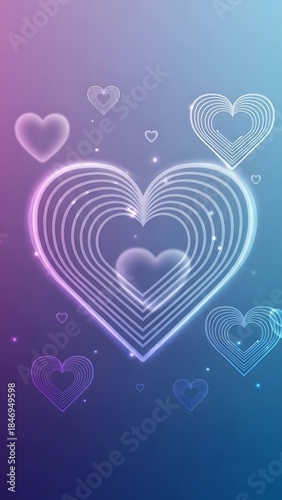 Glowing Neon Hearts on Gradient Background - Abstract Love and Romance Concept.