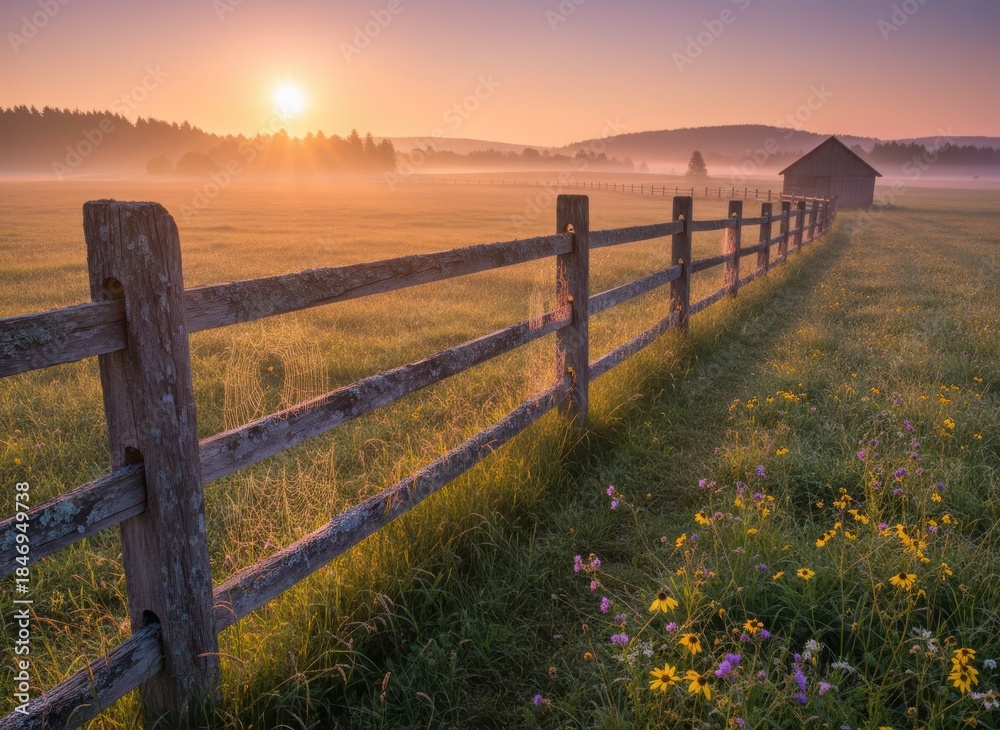 Fototapeta premium Serene Sunrise Over Foggy Meadow with Rustic Wooden Fence