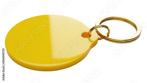 Yellow round keychain PNG isolated on transparent background, blank plastic key tag with golden ring for branding and identification