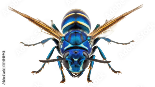 Metallic blue and yellow cuckoo wasp PNG isolated on transparent background, vibrant insect with iridescent colors and detailed wings
