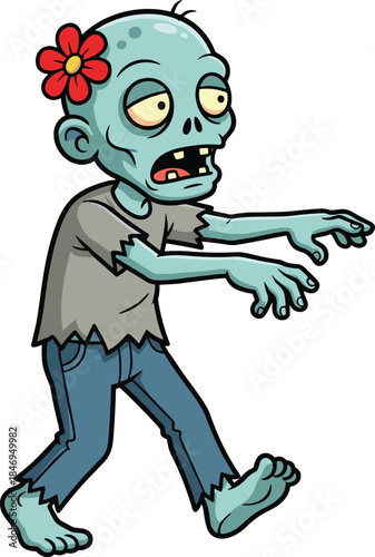 Cartoon zombie character, blue-green skin, flower behind ear, tattered clothes, funny undead, Halloween theme, playful horror -flat vector illustration