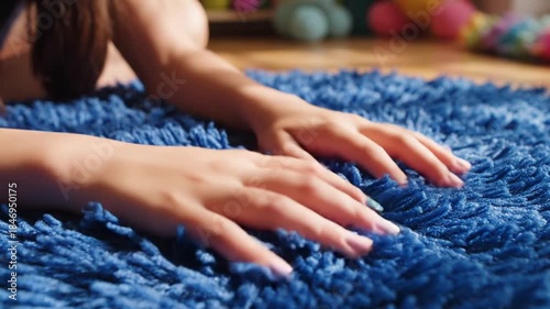 Close up of Gentle Hands Touching a Deep Blue Fluffy Rug with Soft Natural Light Streaming In Creating a Peaceful Ambiance on a Wooden Floor with Blurred Colorful Toys in the Background