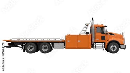 Quadro su tela Orange tow truck PNG isolated on transparent background, flatbed wrecker vehicle