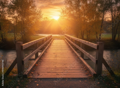 Serene Wooden Bridge Over Calm Water at Sunset with Autumn Colors