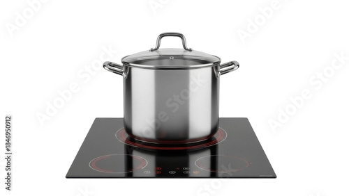 Vászonkép Stainless steel cooking pot with glass lid on induction hob isolated PNG, modern