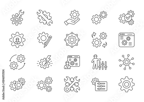 Setting thin line icon set. Containing options, configuration, preferences, gear, adjustments, operation, equalizer