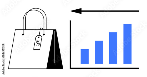 Sales growth. Shopping bag with discount tag paired with a rising bar chart conveys sales growth and business impact. Sales growth and trends for retail, e-commerce, business analytics, marketing