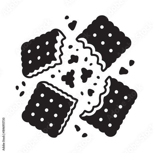 Broken chocolate biscuits with crumbs a simple black and white illustration