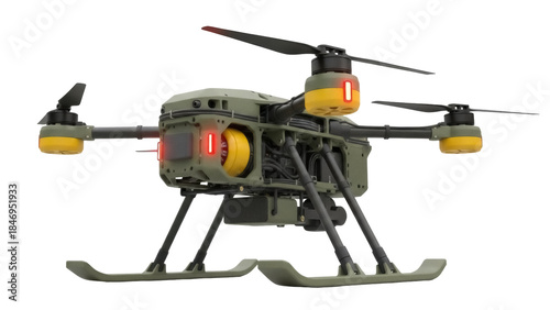 Olive green military drone PNG isolated on transparent background, unmanned aerial vehicle for surveillance and reconnaissance operations