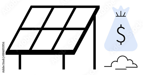 Solar panel beside money bag representing financial savings and renewable energy benefits. Ideal for sustainability, eco-friendly technology, green energy, investment, efficiency, future innovation