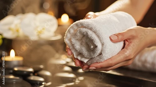 Close Up On Gentle Hands Presenting A Rolled White Spa Towel Surrounded By Smooth Hot Stones And White Orchids Illuminated By Soft Candlelight Creating A Tranquil Serene Ambiance