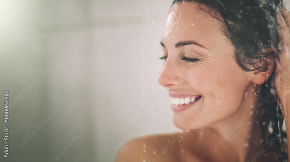 Naklejka premium Woman smiling and washing hair in shower, concept of freshness, beauty, and daily hygiene routine