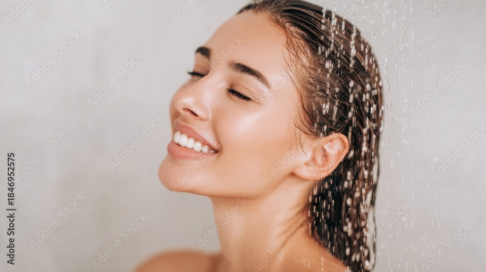 Naklejka premium Young woman finding relaxation and joy during a daily shower, her face glowing with happiness