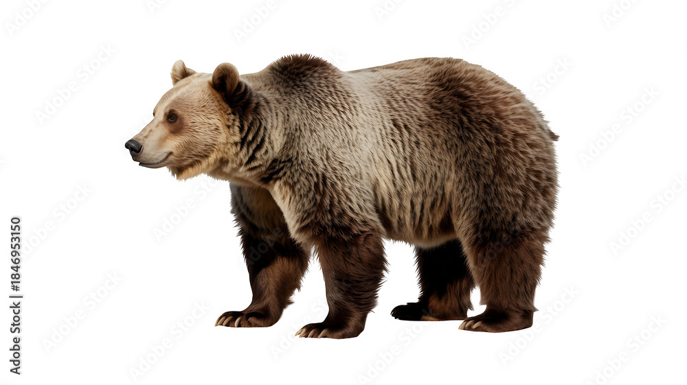 Fototapeta premium Majestic Brown Bear Standing Profile with Thick Fur, Wild Animal Isolated on Transparent Background
