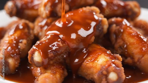 Close-up of a plate of saucy chicken wings with a cartoon-like sheen, presented on a clean white background with a focus on the food's texture and color.