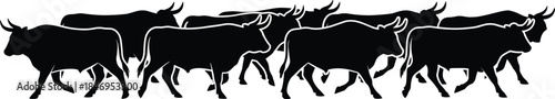 Black Silhouette of Cattle Herd Running, Stampede, Livestock, Ranch, Farm Animal Vector Graphics