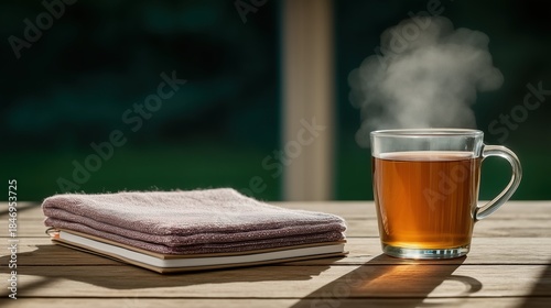 Steaming Hot Tea Cup and Notebook on Wooden Table
