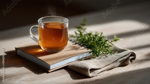 Warm Herbal Tea and Notebook on Wooden Table with Sunlight