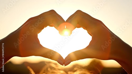 Golden Hour Sunlight Forms Heart Shape With Hands Creating Romantic Symbol Against Warm Sunset Sky With Lens Flare Effect