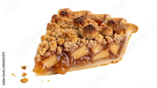 Delicious apple crumble pie slice isolated PNG, sweet dessert with baked fruit filling and buttery topping on transparent background