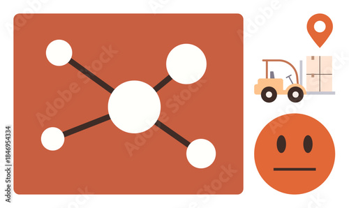Central network schema with connected nodes, forklift near goods, location pin, and neutral face. Ideal for supply chain, logistics, warehouse, delivery, network operations transportation themes