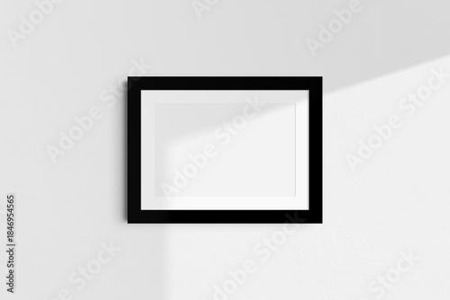 Horizontal frame mockup 7:5, 70x50, A4, A3, A2, A1 landscape. Single black frame mockup. Clean, modern, minimalist, bright. Passepartout/mat opening in 3:2 aspect ratio. Shadow overlay.