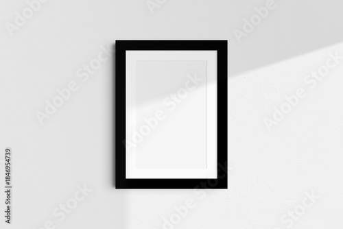 Frame mockup 5x7, 50x70, A4, A3, A2, A1. Single black frame mockup. Clean, modern, minimalist, bright. Portrait. Vertical. Passepartout/mat opening in 2:3 aspect ratio. Shadow overlay.
