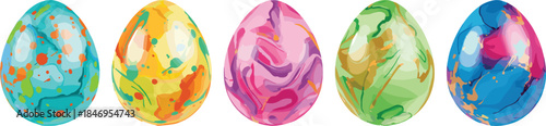 Colorful Easter eggs set, vector illustration, marbled texture design, spring holiday decoration, isolated on white background, abstract painted food art, festive season symbol.