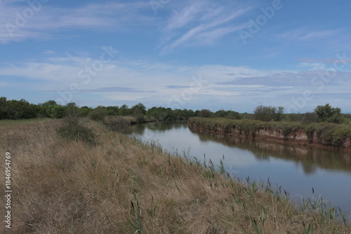 The photo shows a river flowing through a southern French nature park in summer, with a green, open landscape and lush vegetation along its banks.