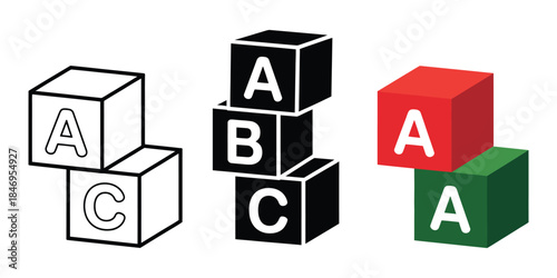 abc blocks child toy icons collection, 3d alphabet cube render illustrations for preschool learning, early childhood education, playful teaching tools, learning activities, and educational vector 