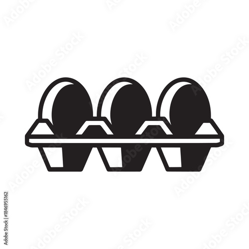 Simple black and white illustration of eggs nestled in a cardboard container