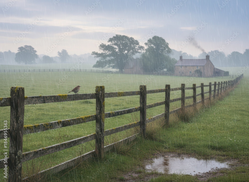 Fototapeta premium Serene Rainy Landscape with House and Fencing Under Heavy Rain