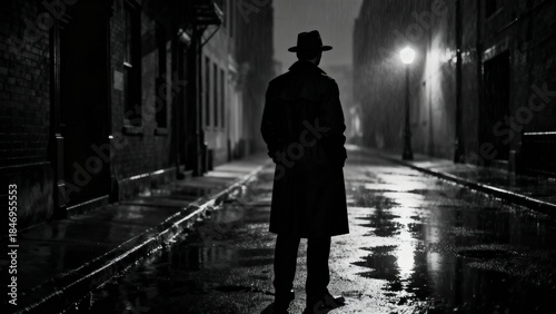 silhouette of a noir detective in street looking away, monochrome