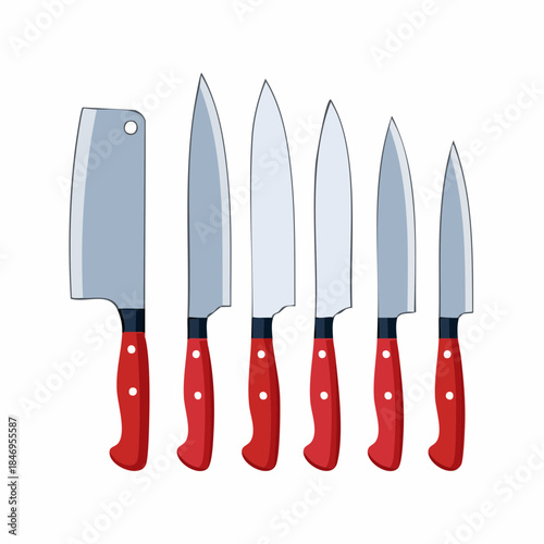 Collection of Various Kitchen Knives with Red Handles on a White Background