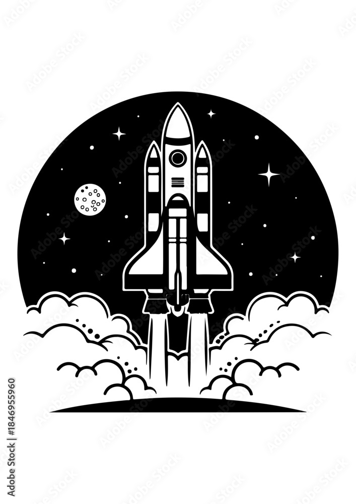 Obraz premium Black and White Space Shuttle Launch Vector Illustration