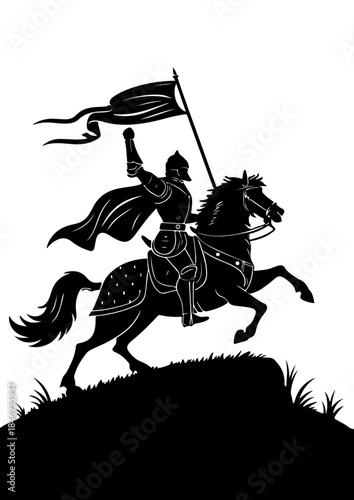 Black Silhouette of a Medieval Knight on Horseback Carrying a Flag