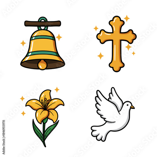 Easter themed icons including bell, cross, lily, and dove  