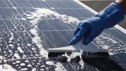 Close up of a gloved hand cleaning a solar panel with a brush and soapy water on a sunny day outdoors with blue sky and a hint of a distant building.