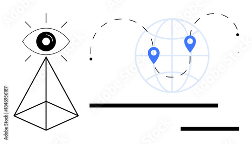 Technology, geolocation, global communication, data analysis, remote tracking, navigation. Abstract ion of an eye, pyramid globe and location markers. Technology and geolocation concepts