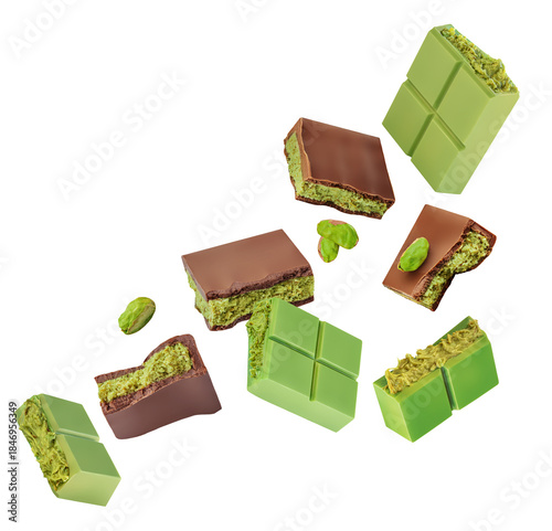 Photography Flying Dubai chocolate  isolated on white background