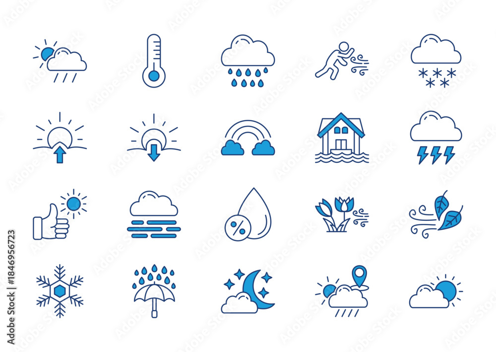 Obraz premium Weather thin blue icon set. Containing temperature, sun, rain, wind, snow, sunrise, sunset, rainbow