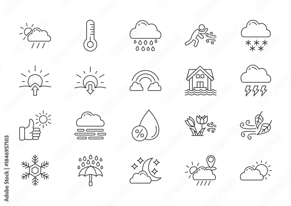 Obraz premium Weather thin line icon set. Containing temperature, sun, rain, wind, snow, sunrise, sunset, rainbow