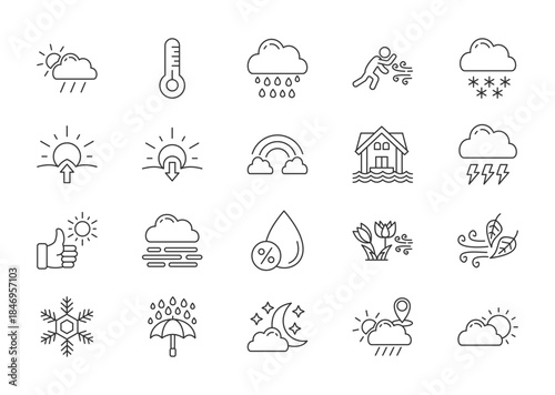Weather thin line icon set. Containing temperature, sun, rain, wind, snow, sunrise, sunset, rainbow