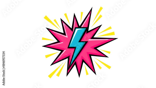 Pink and blue lightning bolt isolated PNG, comic book explosion with yellow rays on transparent background, pop art graphic for design use