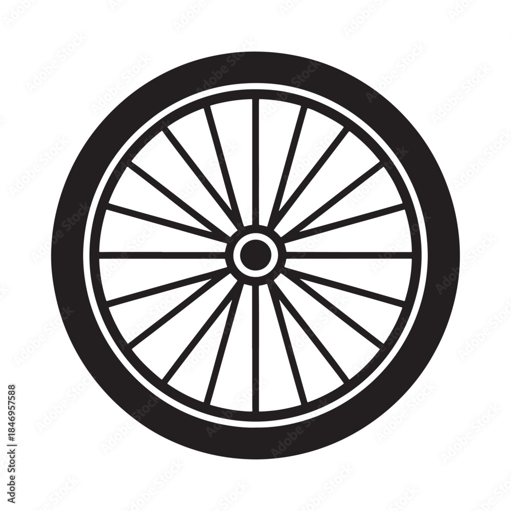 Fototapeta premium Simple black and white illustration of a bicycle wheel with spokes